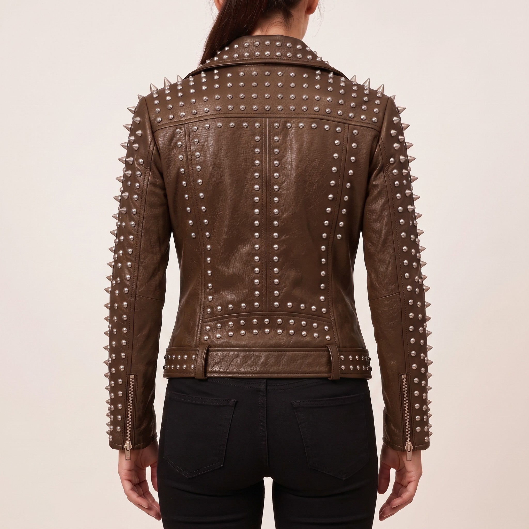 Women's Brown Studded Leather Biker Jacket — Acreley