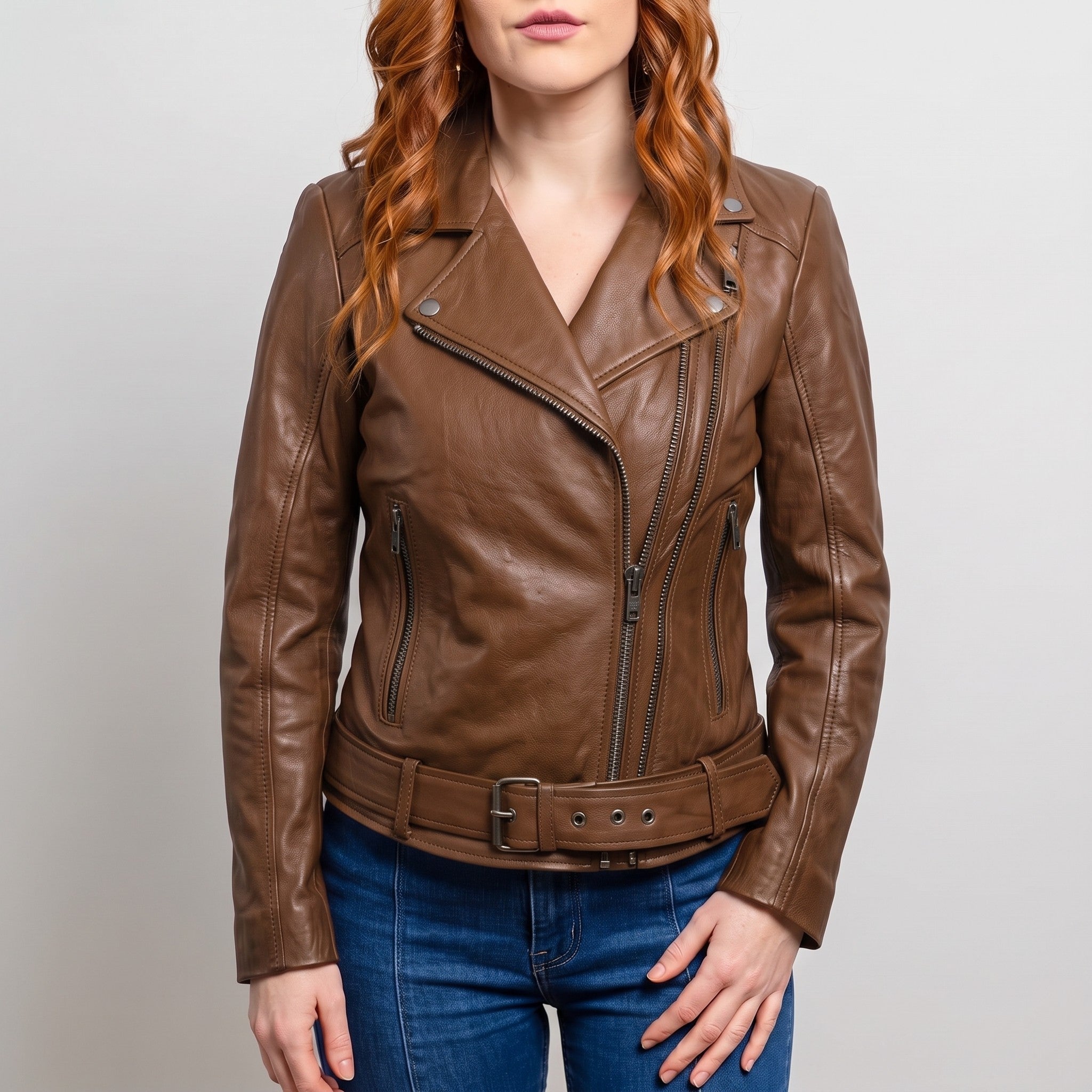 Women's Brown Leather Biker Jacket — Frodsham
