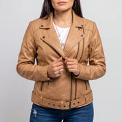 Women's Tan Asymmetric Zip Leather Biker Jacket — Braidwood
