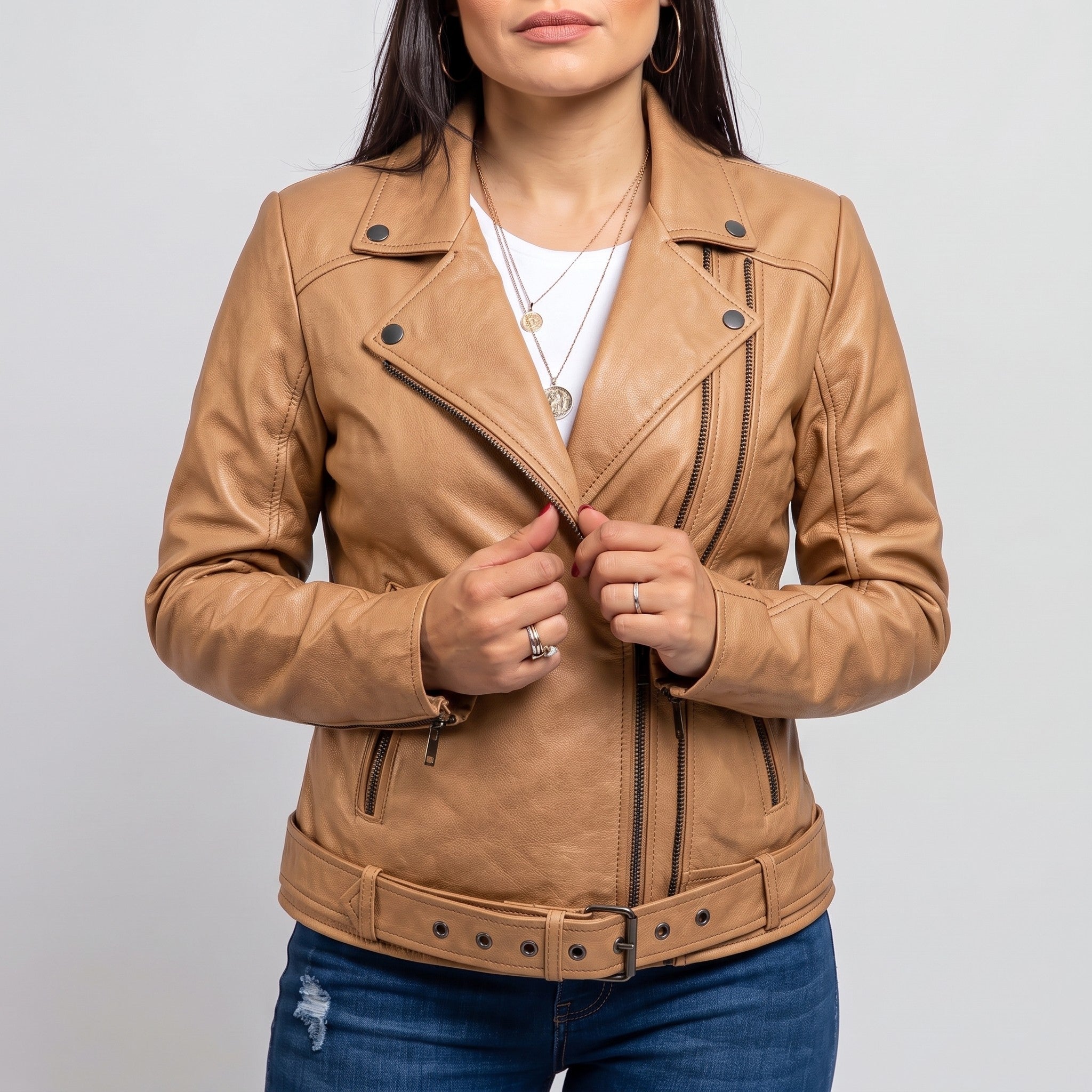 Women's Tan Asymmetric Zip Leather Biker Jacket — Braidwood