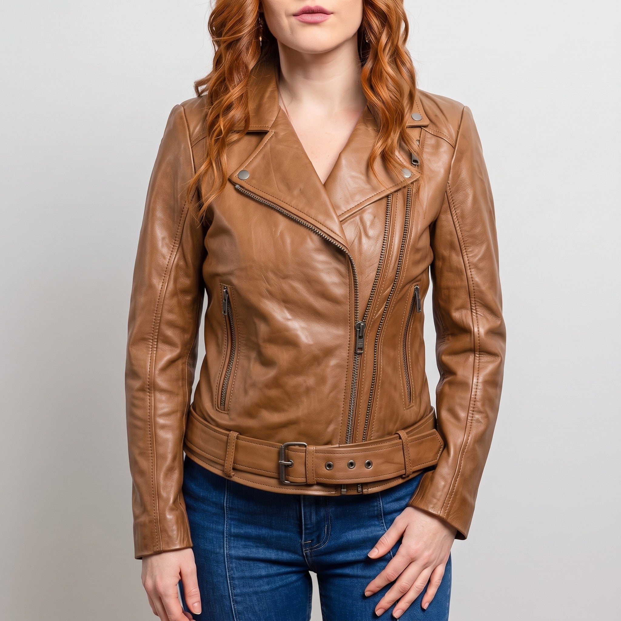 Women's Tan Leather Biker Jacket — Frodsham