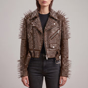 Women's Brown Cropped Leather Perfecto Biker Jacket — Ayrton