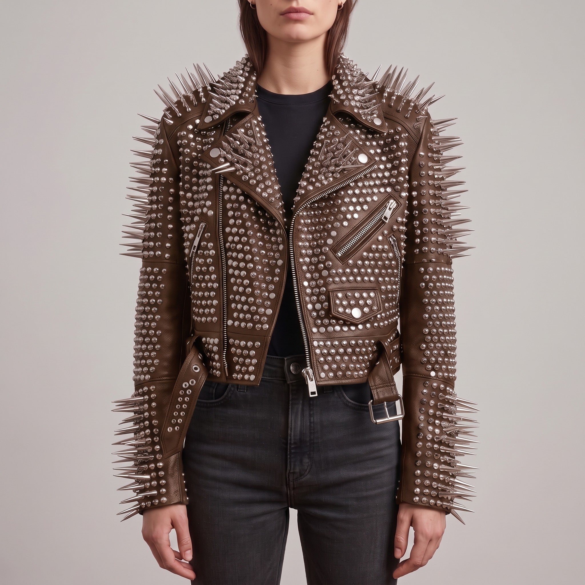Women's Brown Cropped Leather Perfecto Biker Jacket — Ayrton