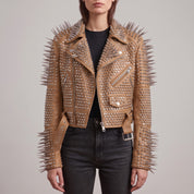 Women's Tan Cropped Leather Perfecto Biker Jacket — Ayrton