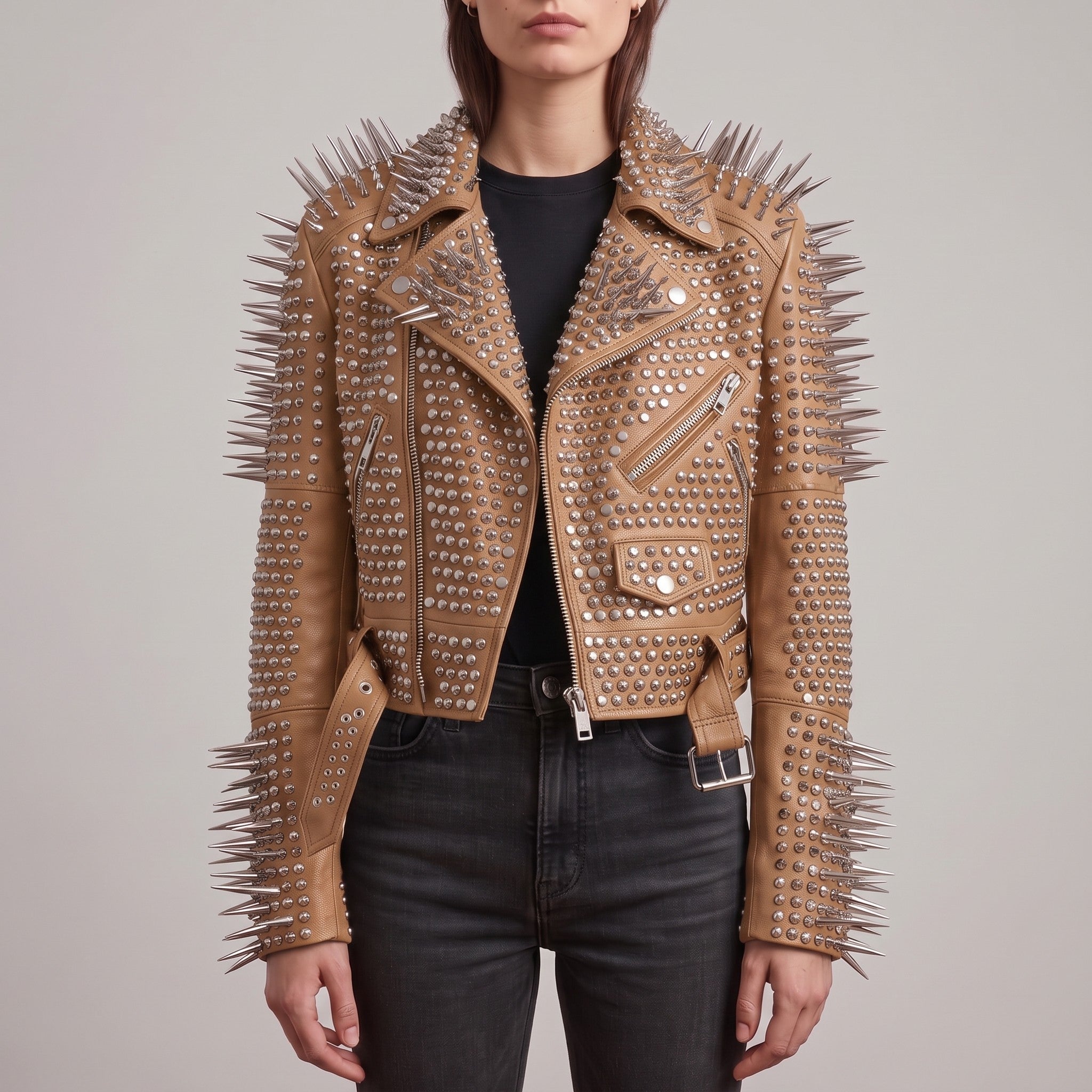 Women's Tan Cropped Leather Perfecto Biker Jacket — Ayrton