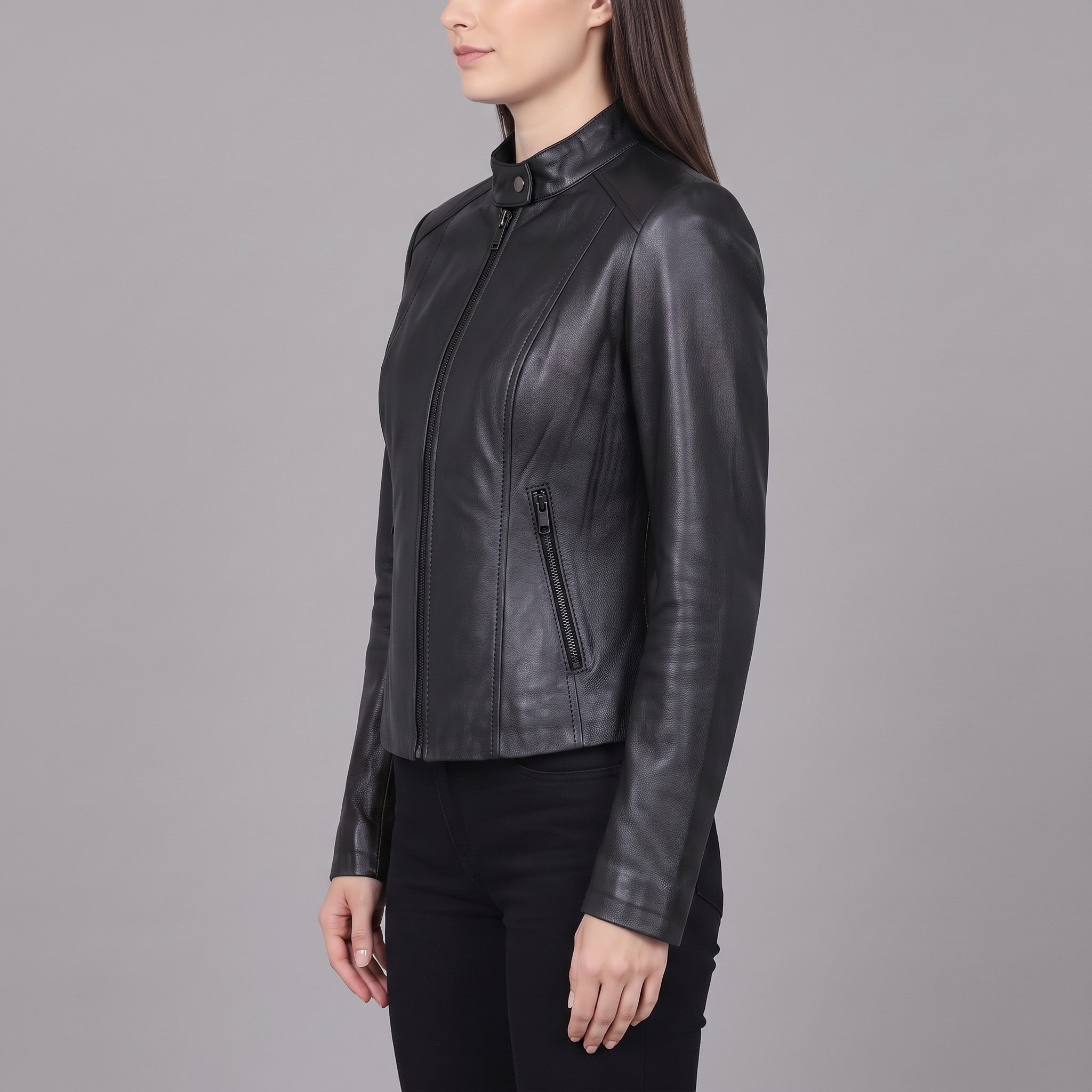 Women's Black Leather Cafe Racer Jacket — Ingleby