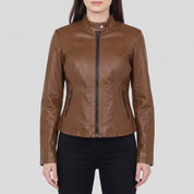 Women's Brown Leather Cafe Racer Jacket — Ingleby