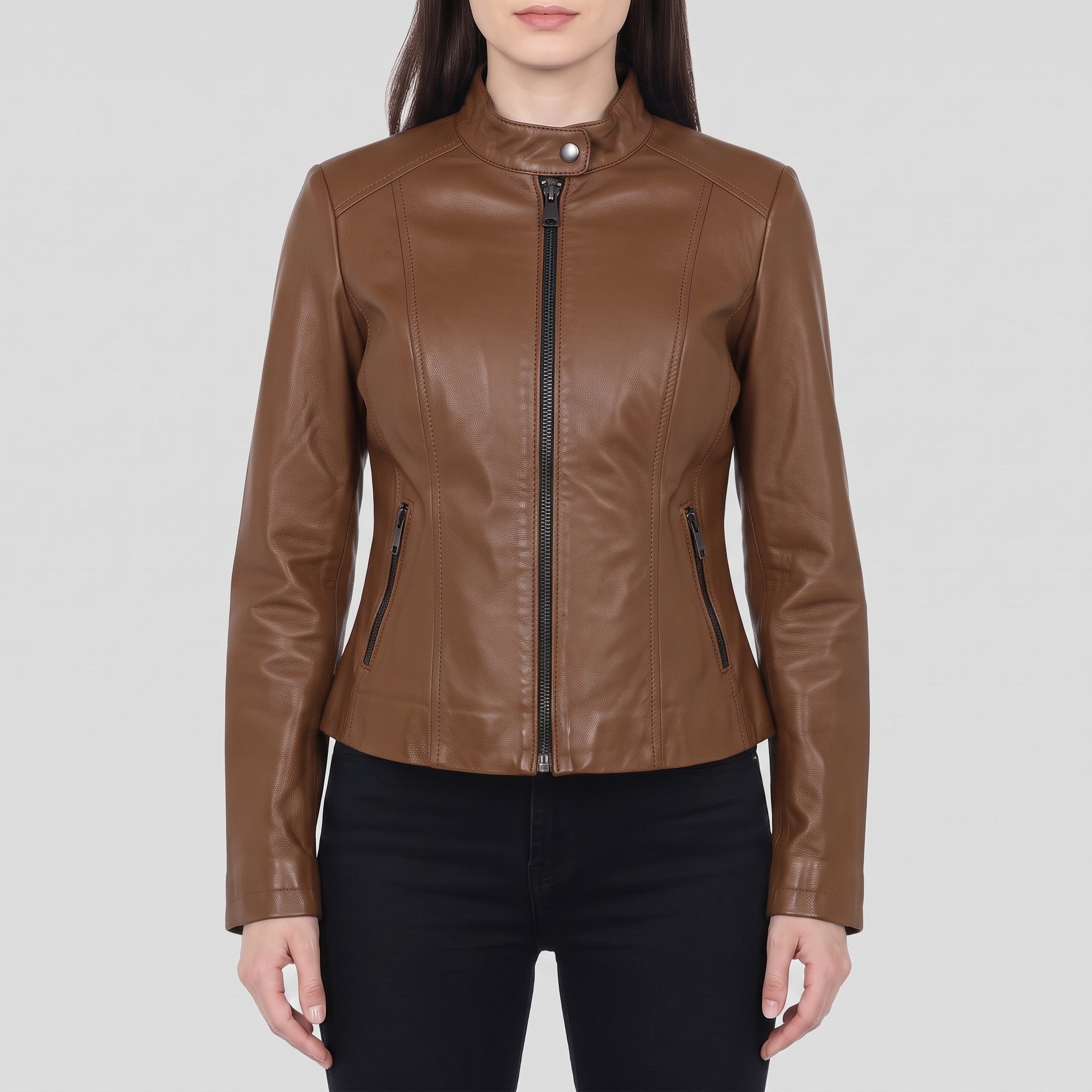 Women's Brown Leather Cafe Racer Jacket — Ingleby
