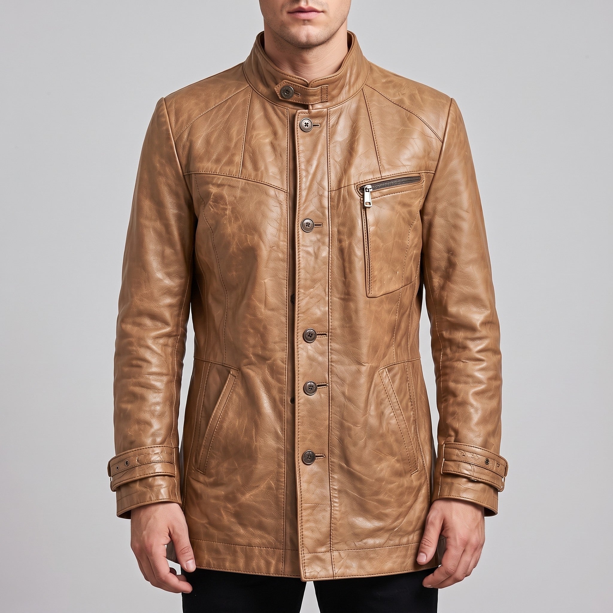 Men's Tan Leather Car Coat — Acrebank