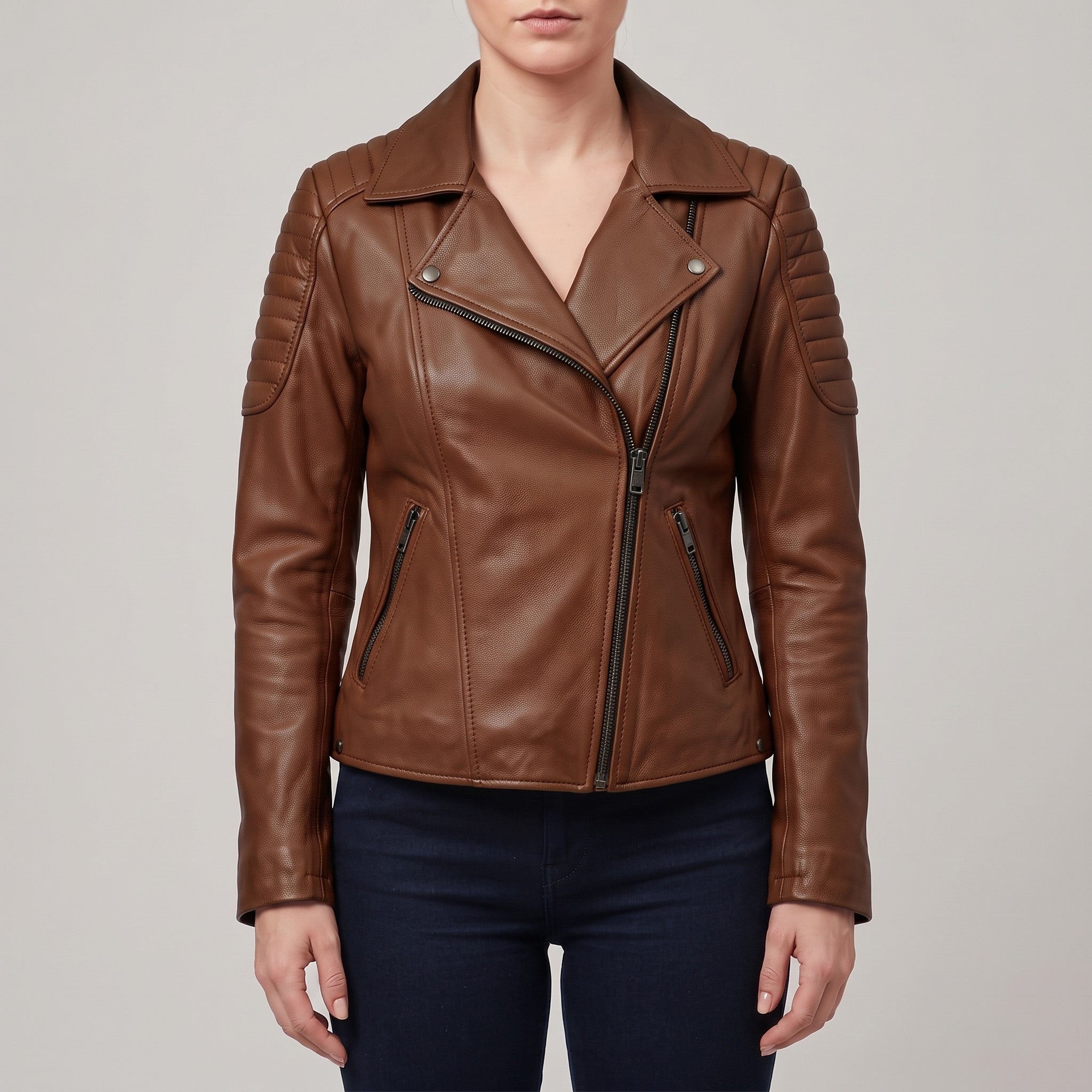 Women's Brown Leather Biker Jacket — Bagendon