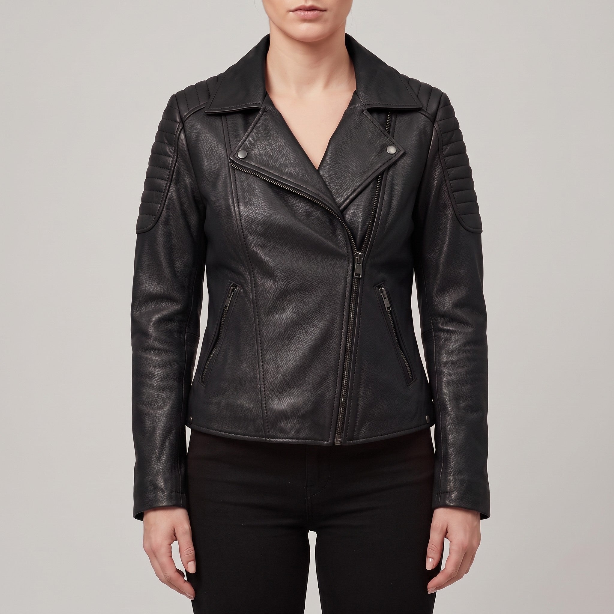 Women's Black Leather Biker Jacket — Bagendon