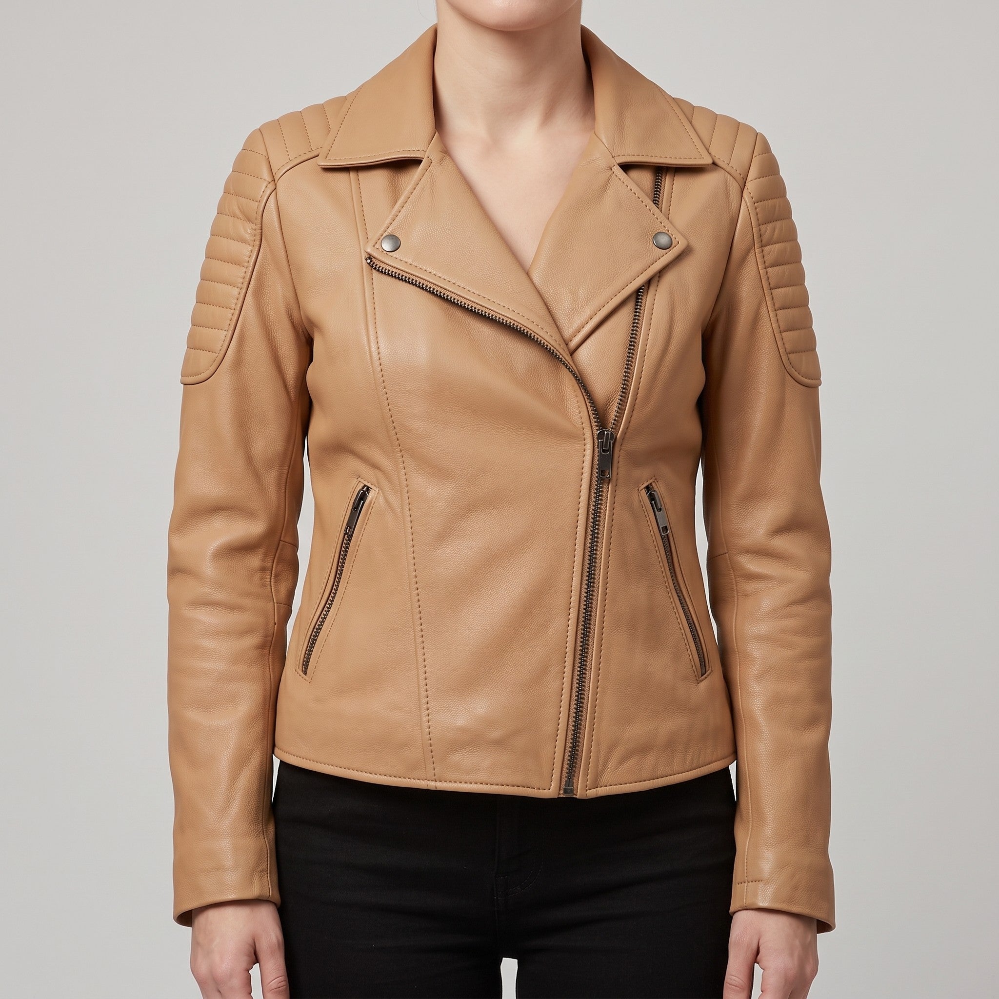 Women's Tan Leather Biker Jacket — Bagendon
