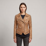Women's Tan Studded Leather Biker Jacket — Mirfield