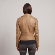Women's Tan Studded Leather Biker Jacket — Mirfield