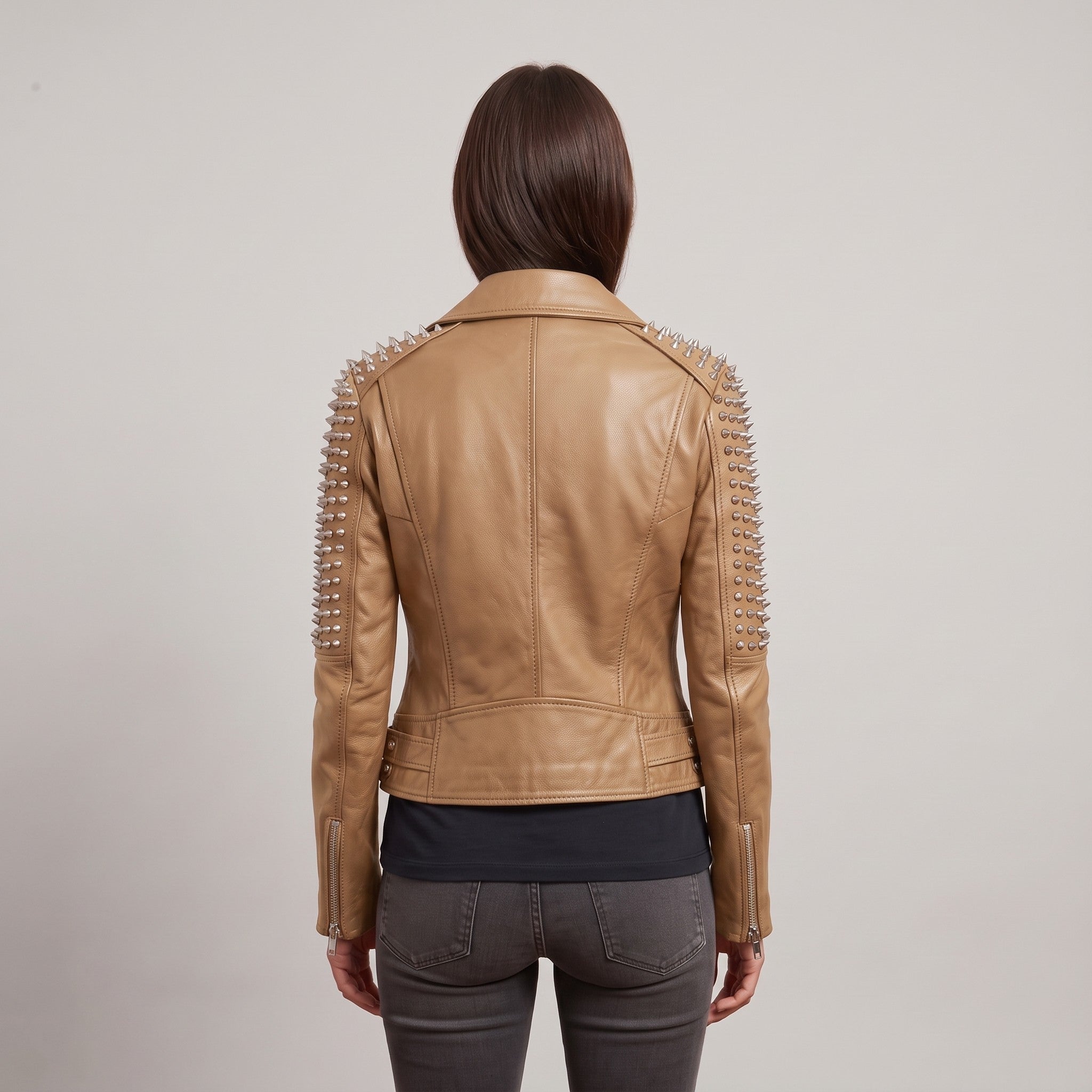 Women's Tan Studded Leather Biker Jacket — Mirfield