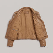 Women's Tan Studded Leather Biker Jacket — Mirfield