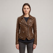 Women's Brown Studded Leather Biker Jacket — Mirfield