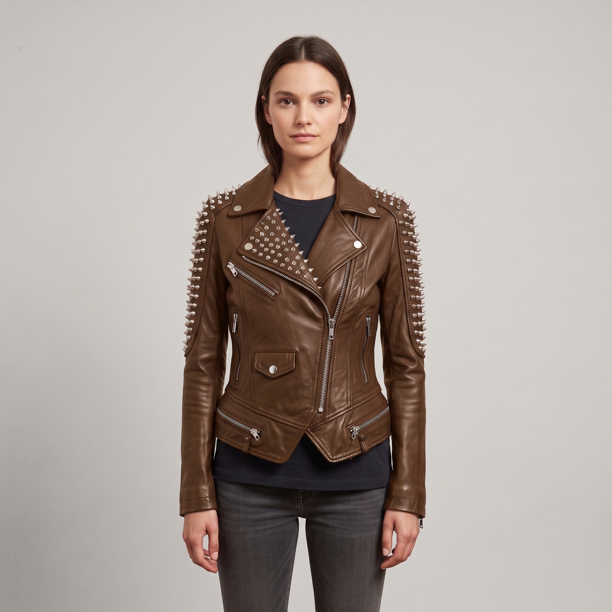 Women's Brown Studded Leather Biker Jacket — Mirfield
