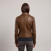 Women's Brown Studded Leather Biker Jacket — Mirfield