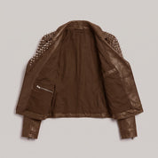 Women's Brown Studded Leather Biker Jacket — Mirfield