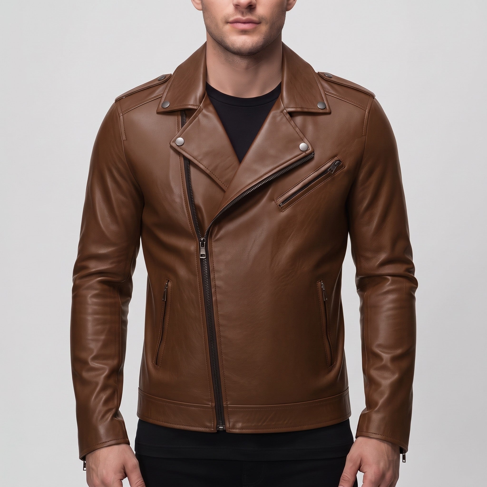 Men's Brown Leather Biker Jacket — Eynsford