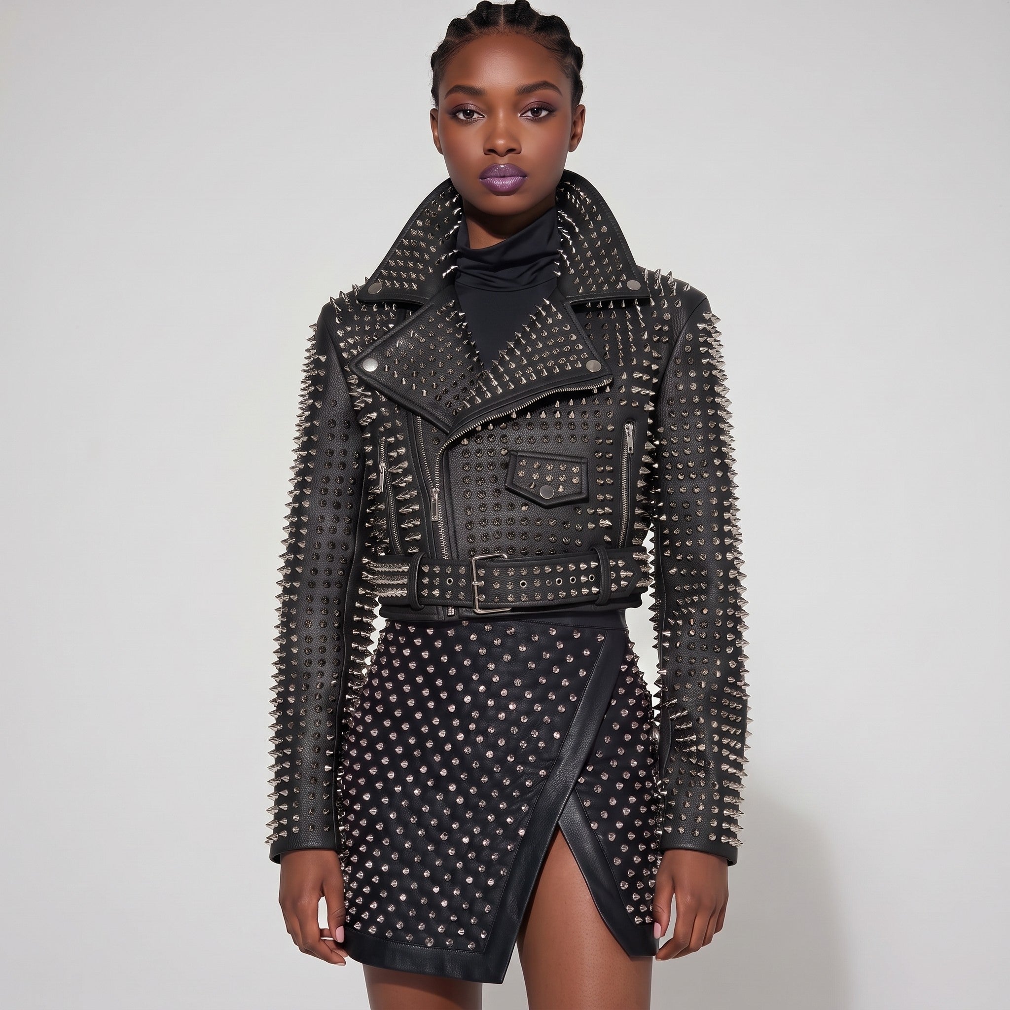 Women's Black Studded Leather Biker Jacket — Tilton