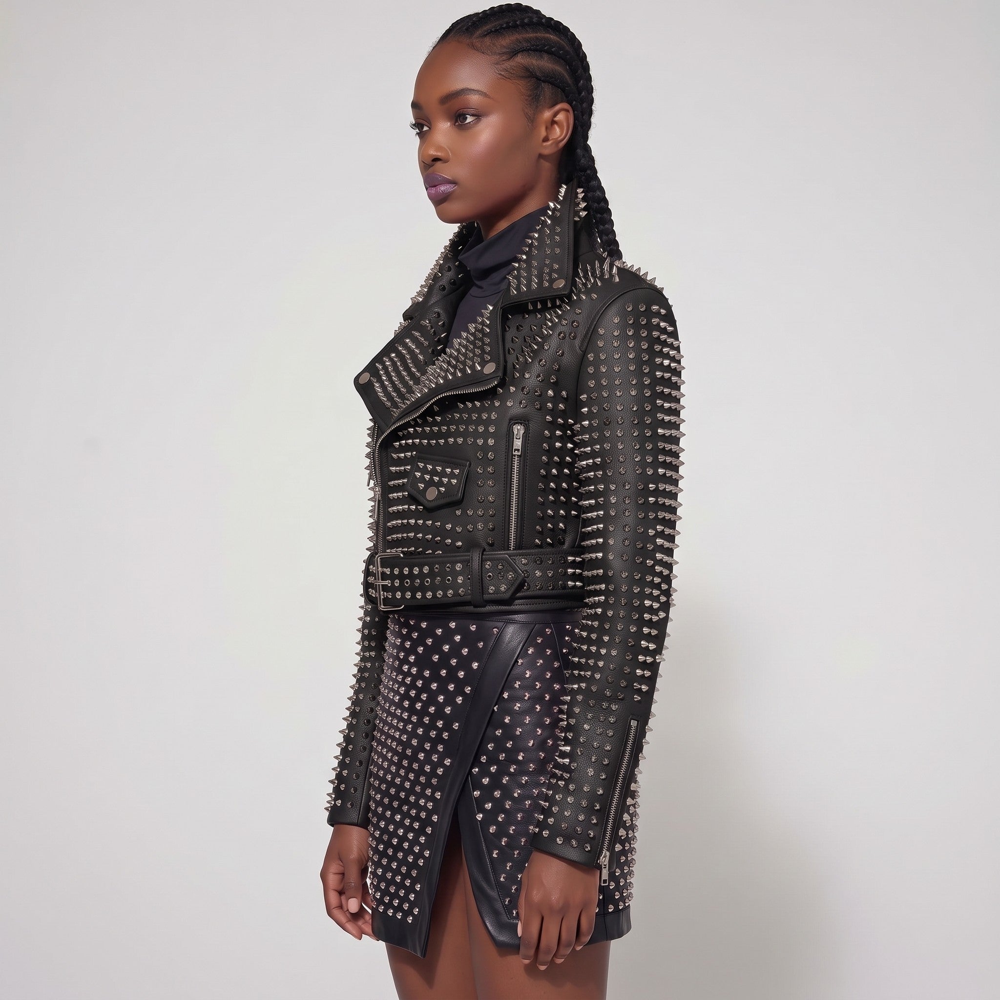 Women's Black Studded Leather Biker Jacket — Tilton