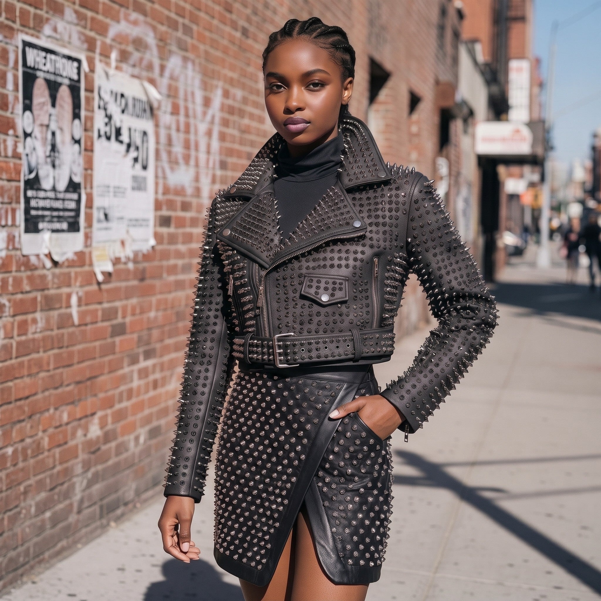 Women's Black Studded Leather Biker Jacket — Tilton