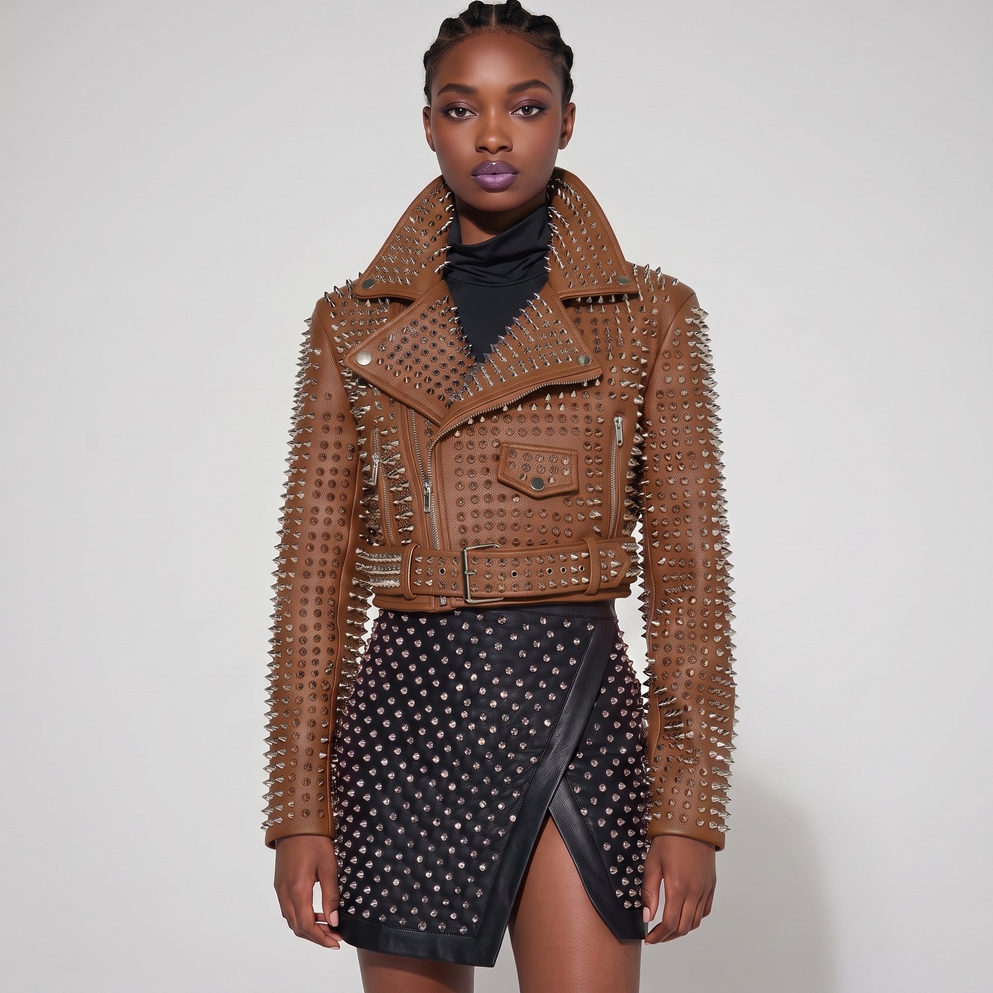 Women's Brown Studded Leather Biker Jacket — Tilton