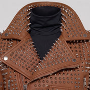 Women's Brown Studded Leather Biker Jacket — Tilton