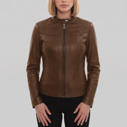 Women's Brown Leather Cafe Racer Jacket — Finley