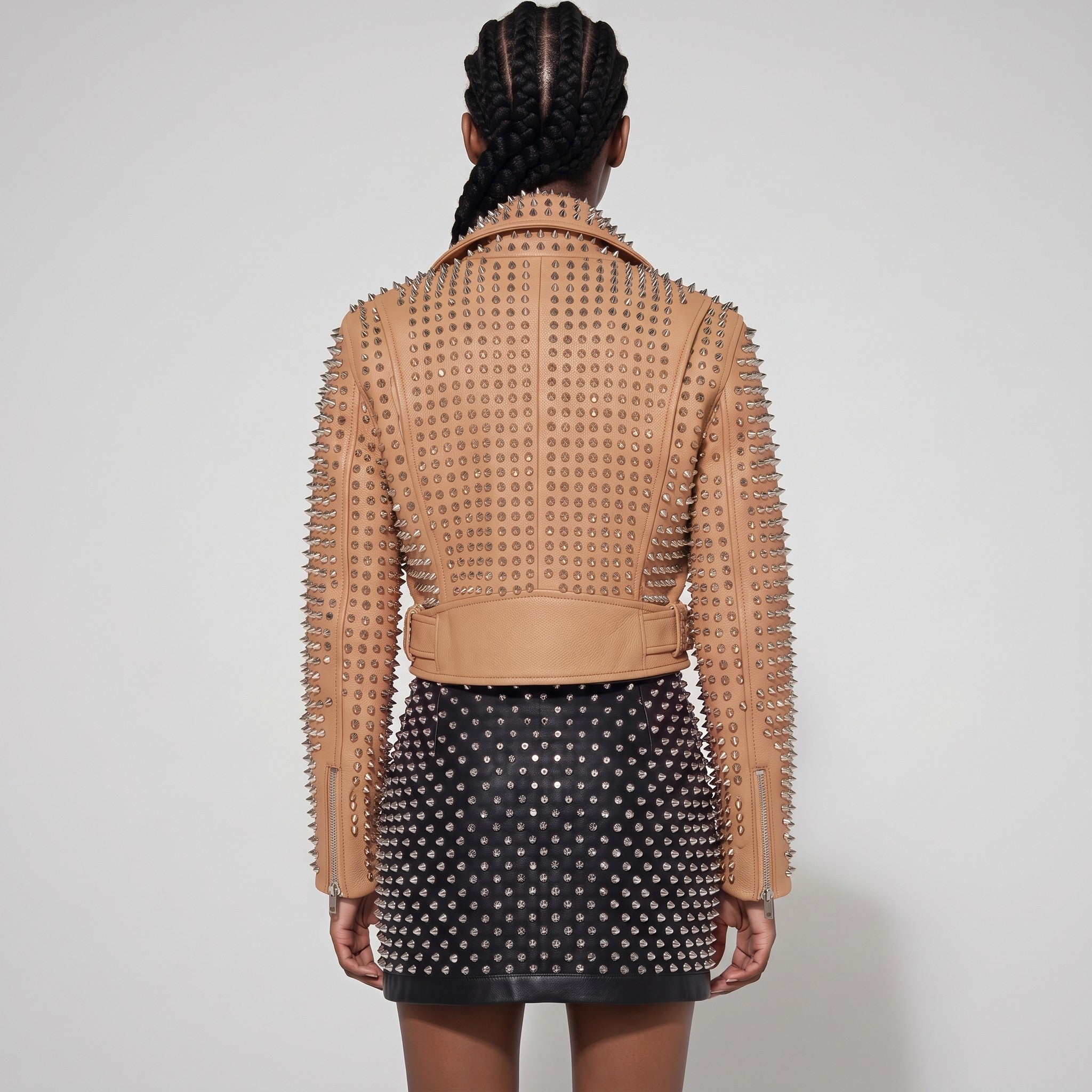 Women's Tan Studded Leather Biker Jacket — Tilton