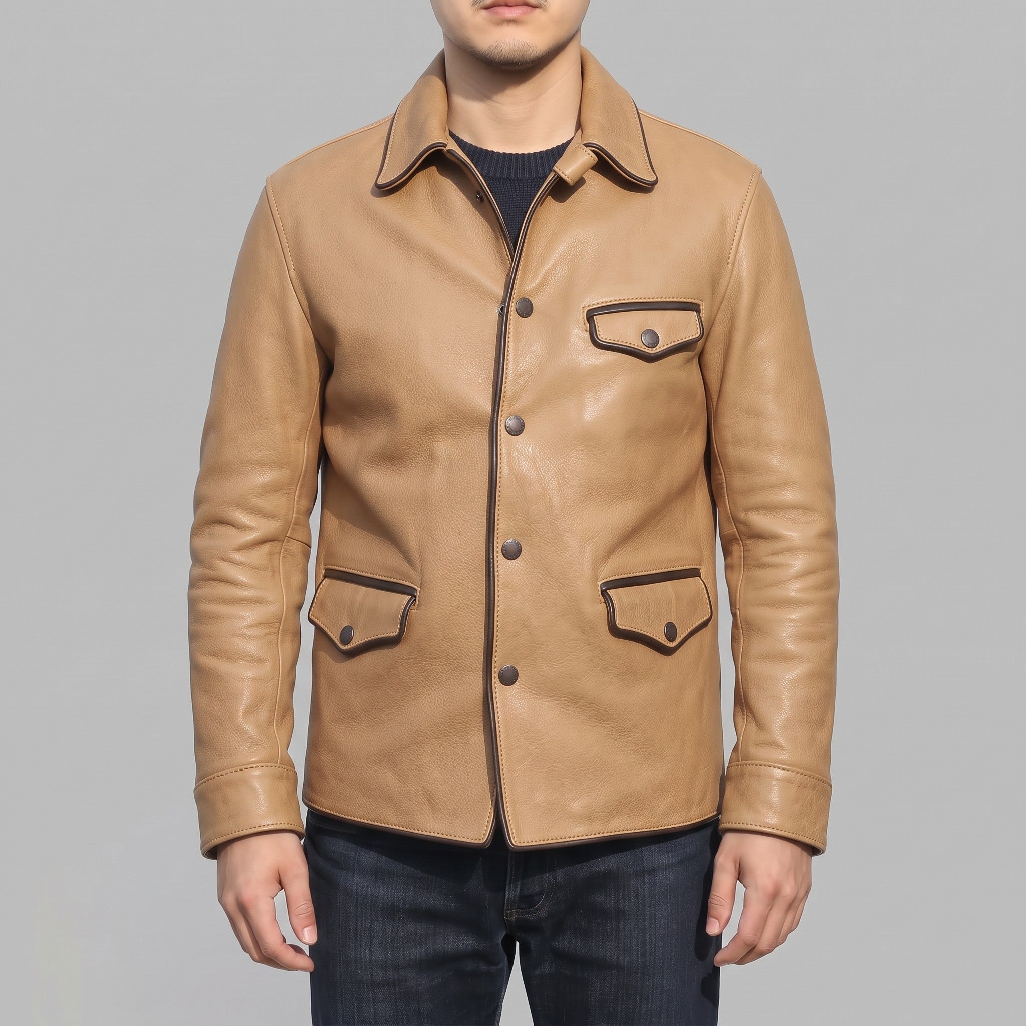 Men's Tan Leather Trucker Jacket — Moulton