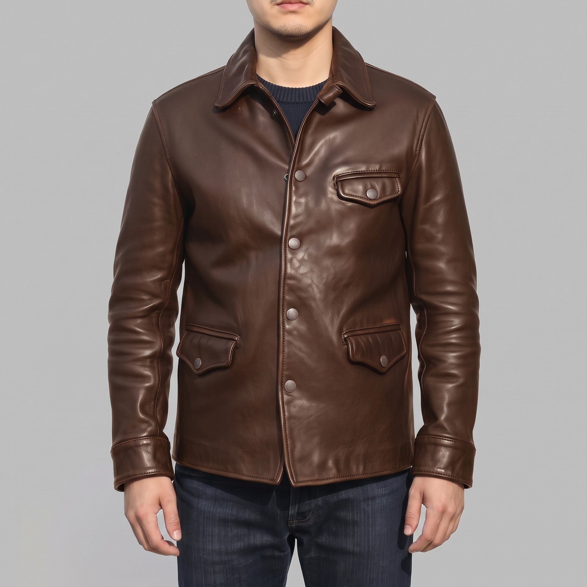 Men's Brown Leather Trucker Jacket — Moulton