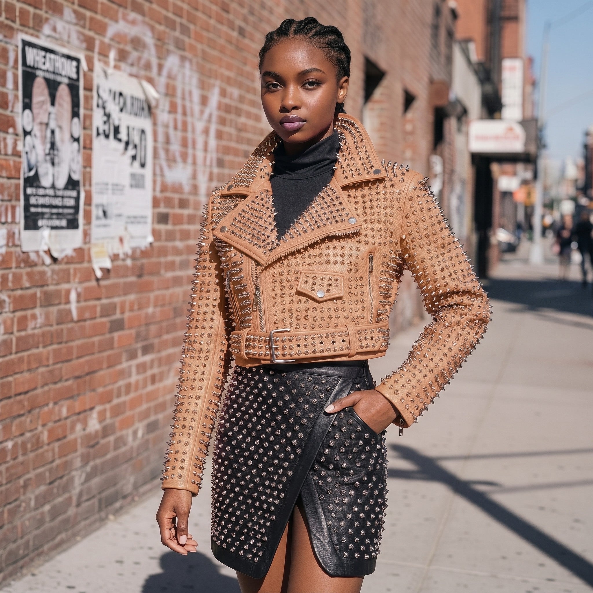 Women's Tan Studded Leather Biker Jacket — Tilton