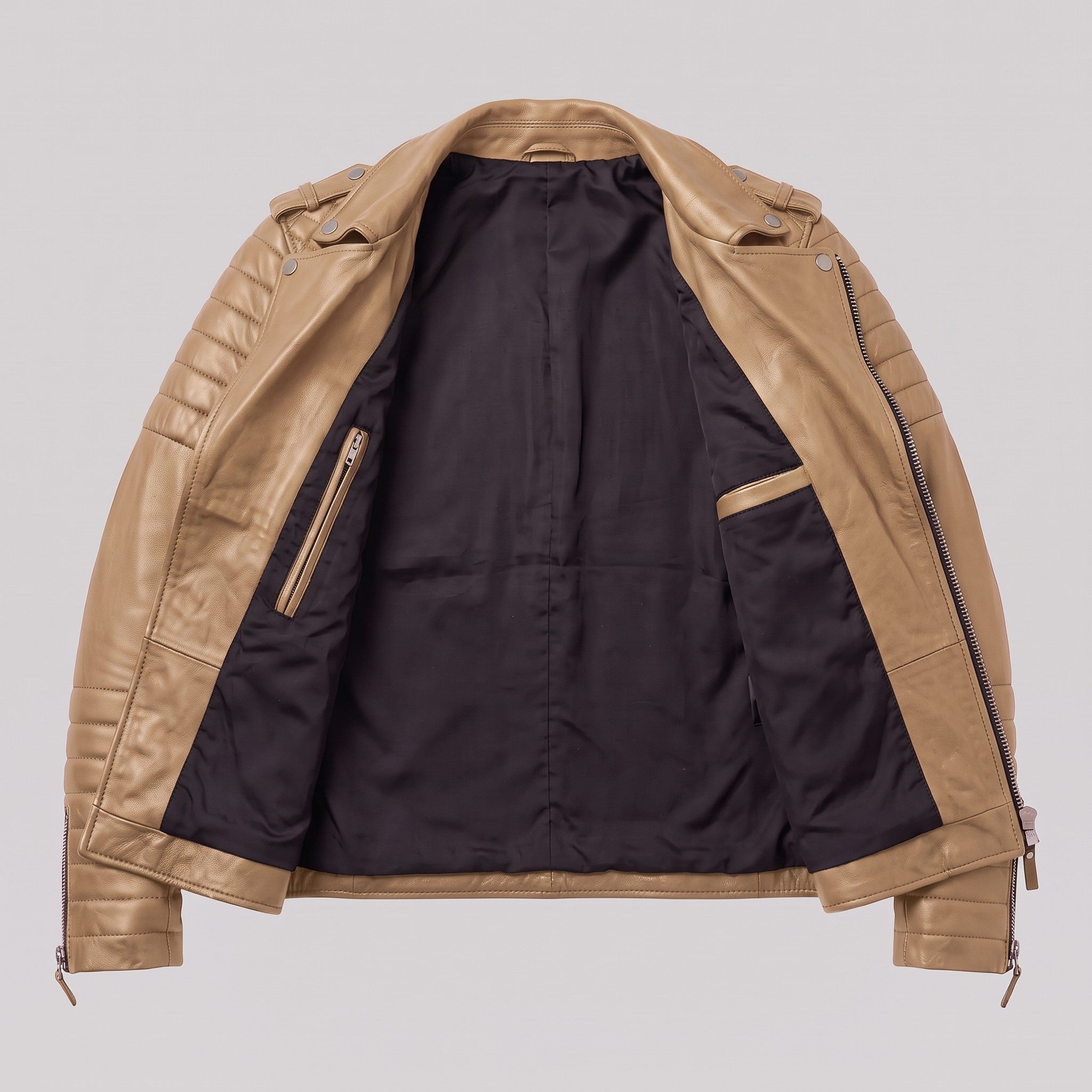 Men's Tan Leather Double Rider Biker Jacket — Carson