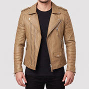 Men's Tan Leather Double Rider Biker Jacket — Carson