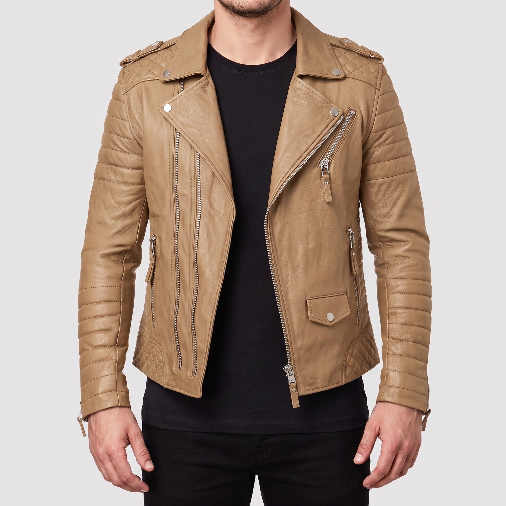 Men's Tan Leather Double Rider Biker Jacket — Carson