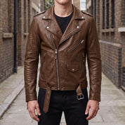 Men's Brown Leather Biker Jacket — Deaville