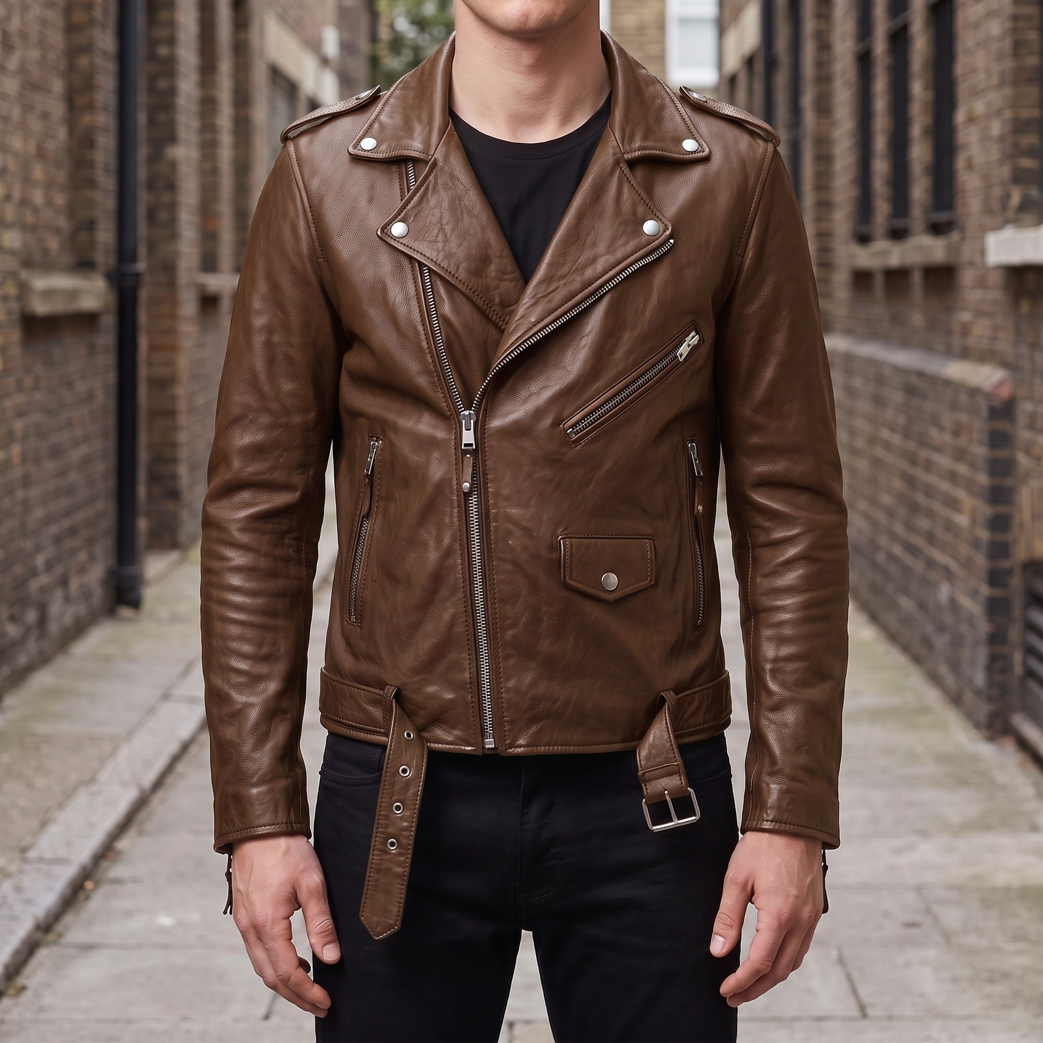 Men's Brown Leather Biker Jacket — Deaville