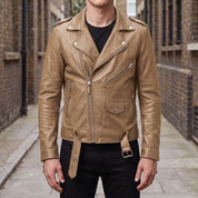 Men's Tan Leather Biker Jacket — Deaville