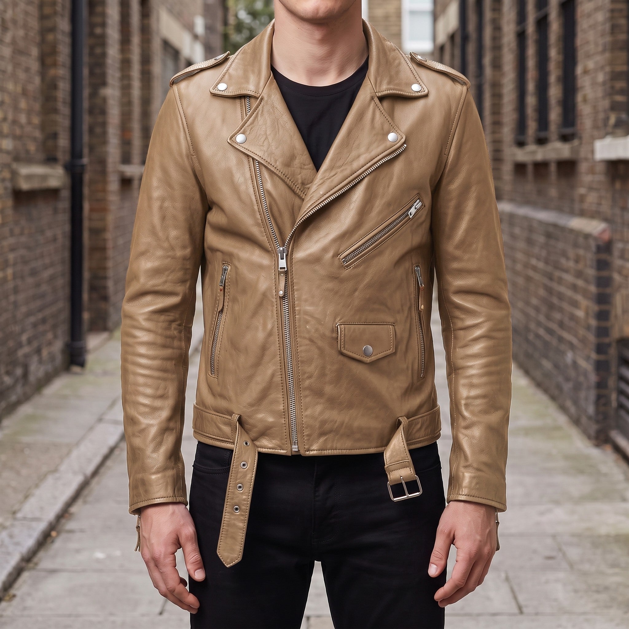 Men's Tan Leather Biker Jacket — Deaville