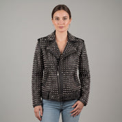 Women's Black Studded Leather Biker Jacket — Lowton