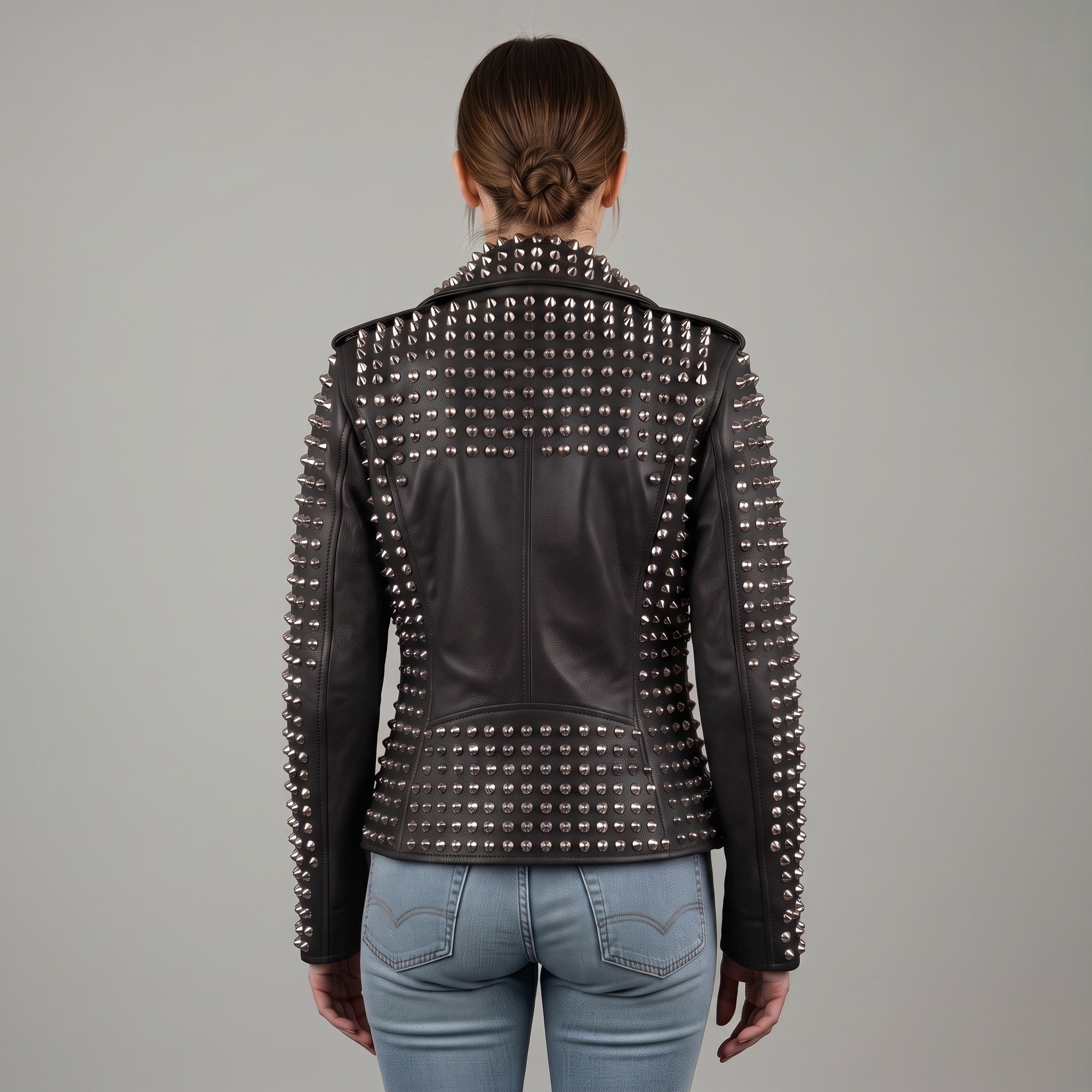 Women's Black Studded Leather Biker Jacket — Lowton