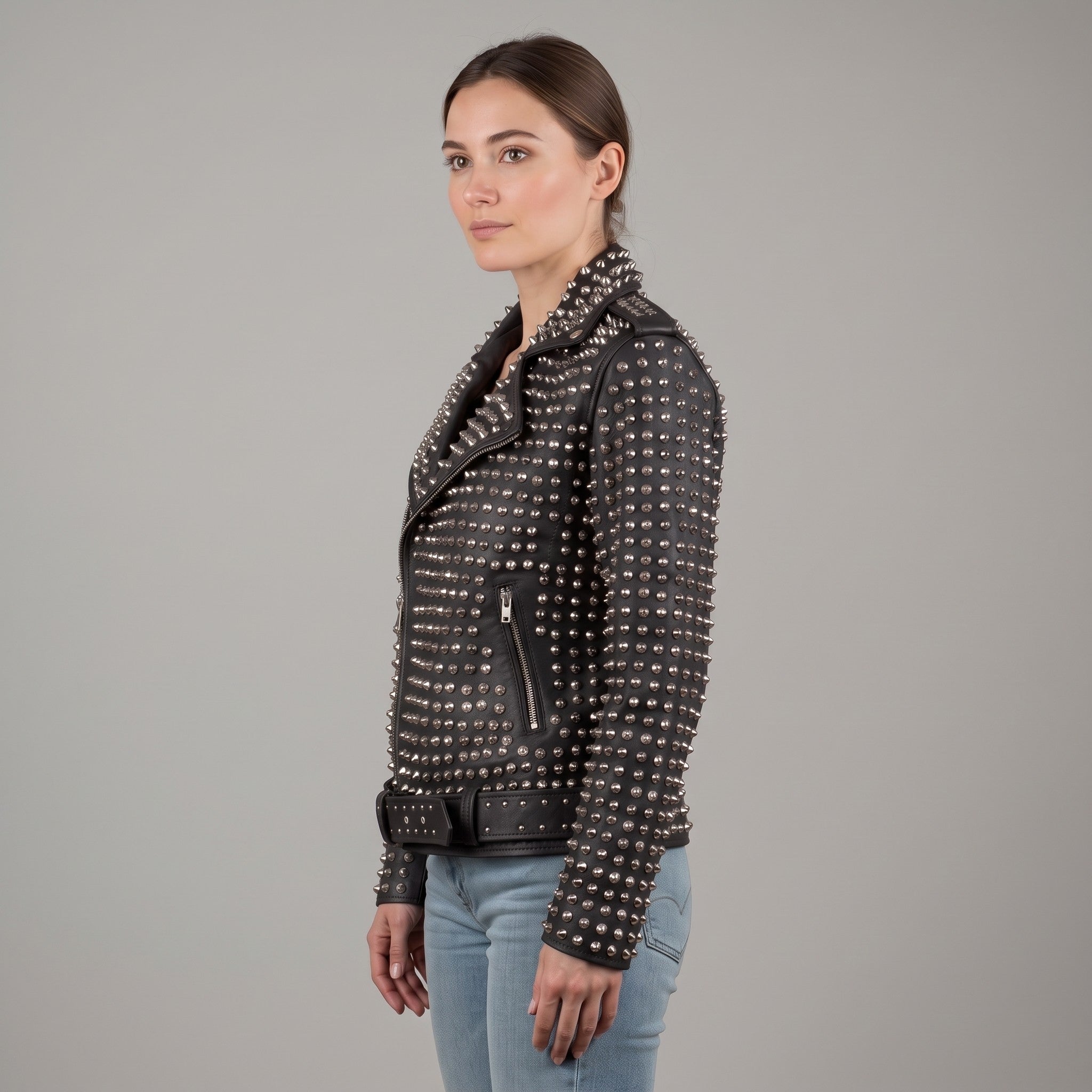 Women's Black Studded Leather Biker Jacket — Lowton