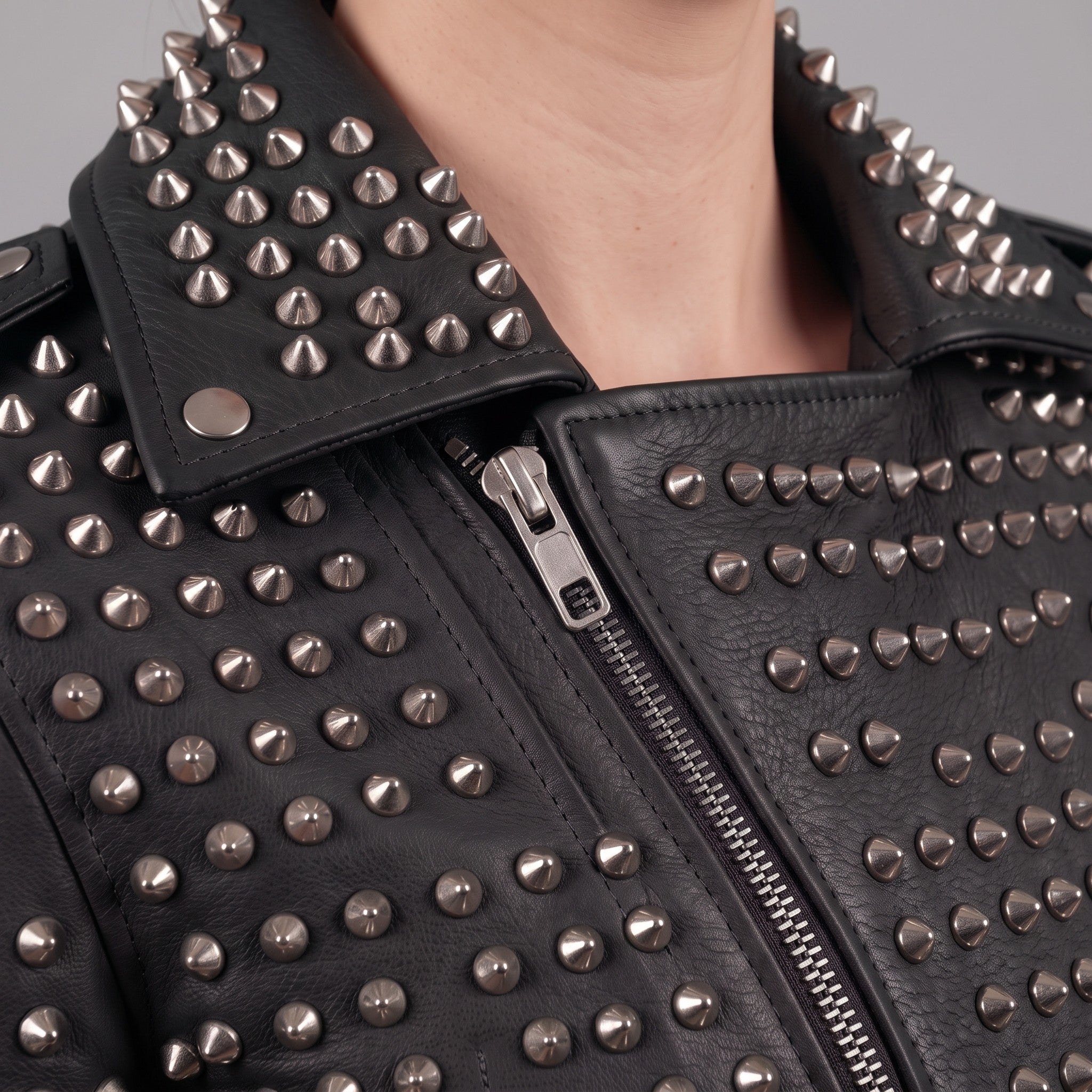 Women's Black Studded Leather Biker Jacket — Lowton