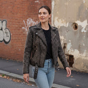 Women's Black Studded Leather Biker Jacket — Lowton