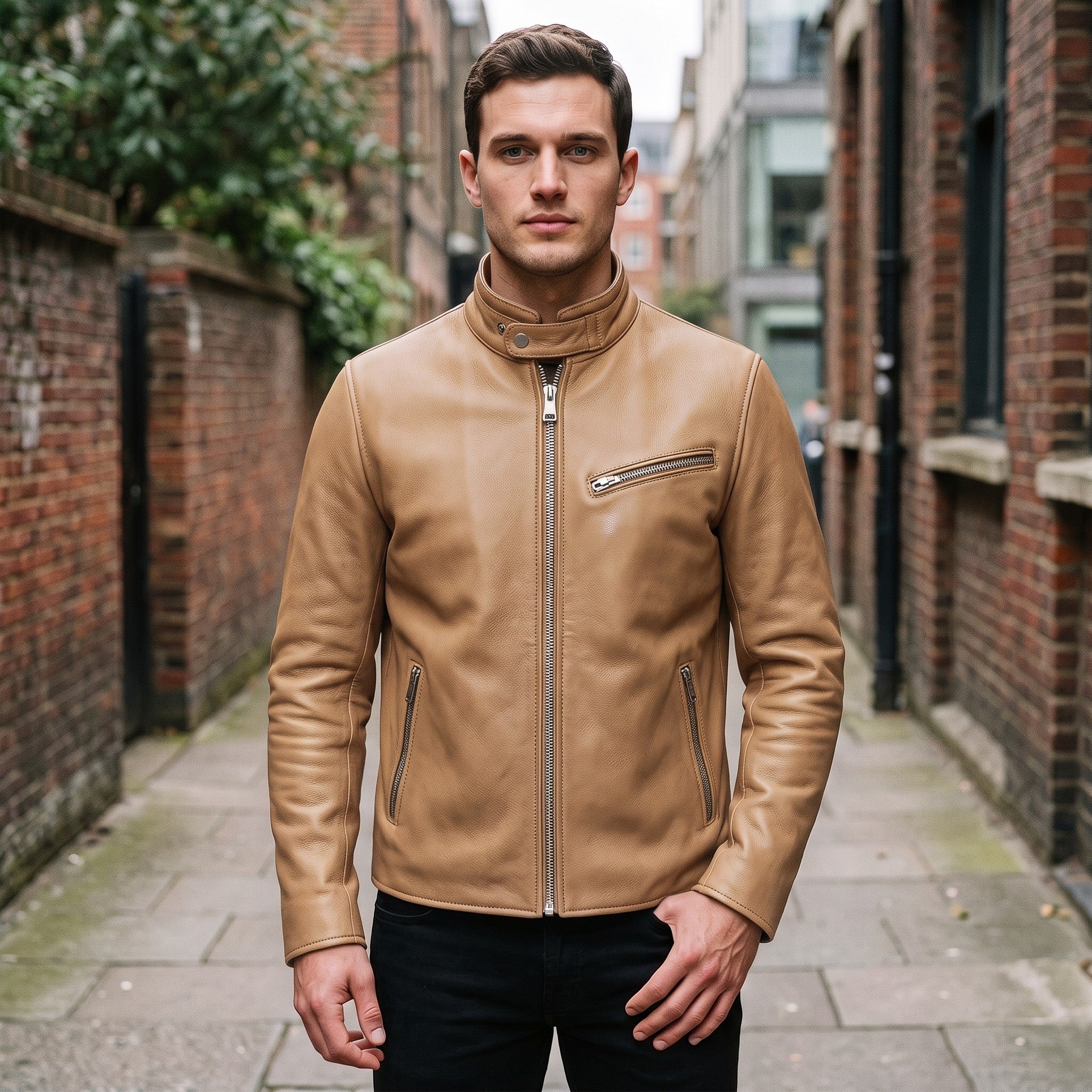 Men's Tan Leather Biker Jacket — Uckfield