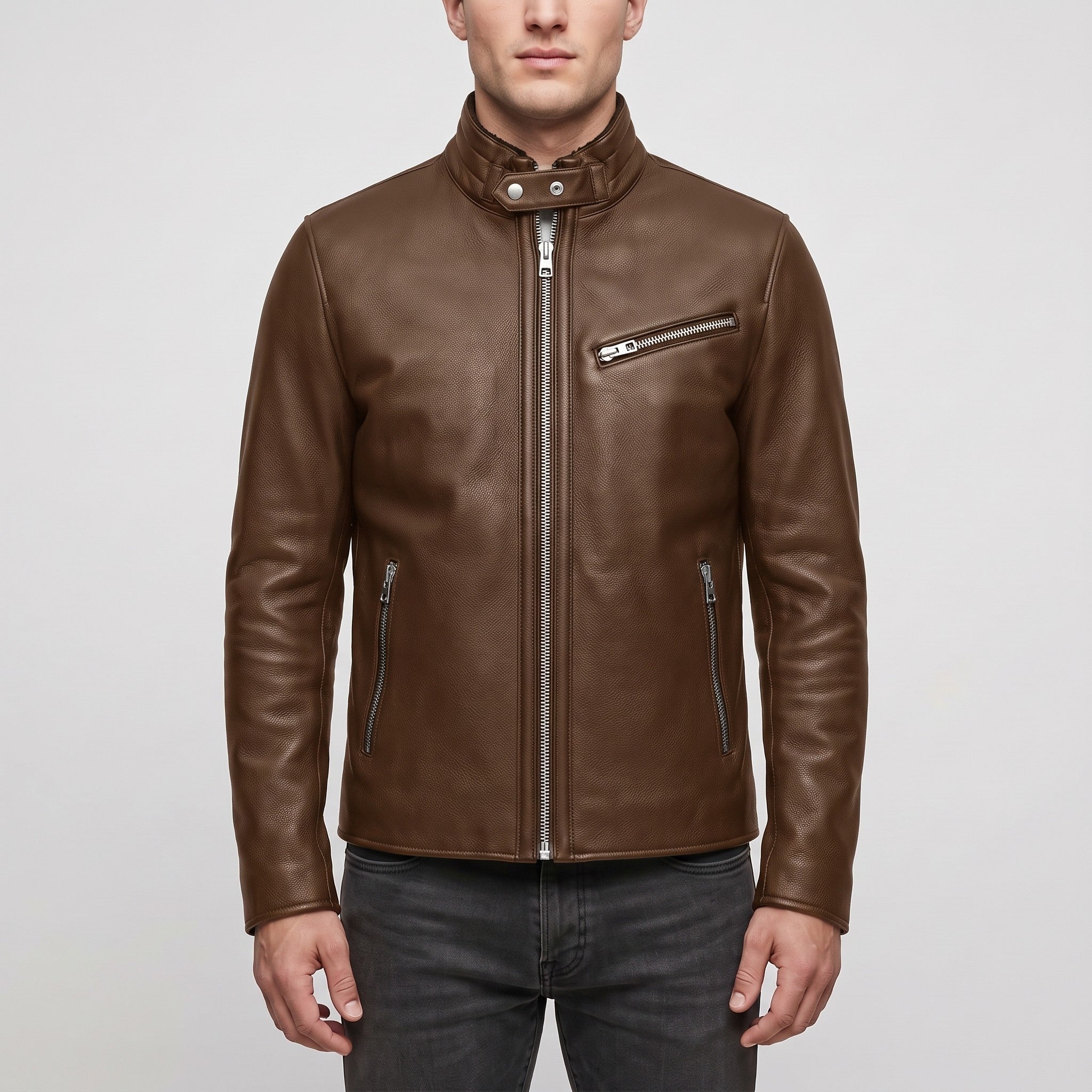 Men's Brown Leather Biker Jacket — Uckfield