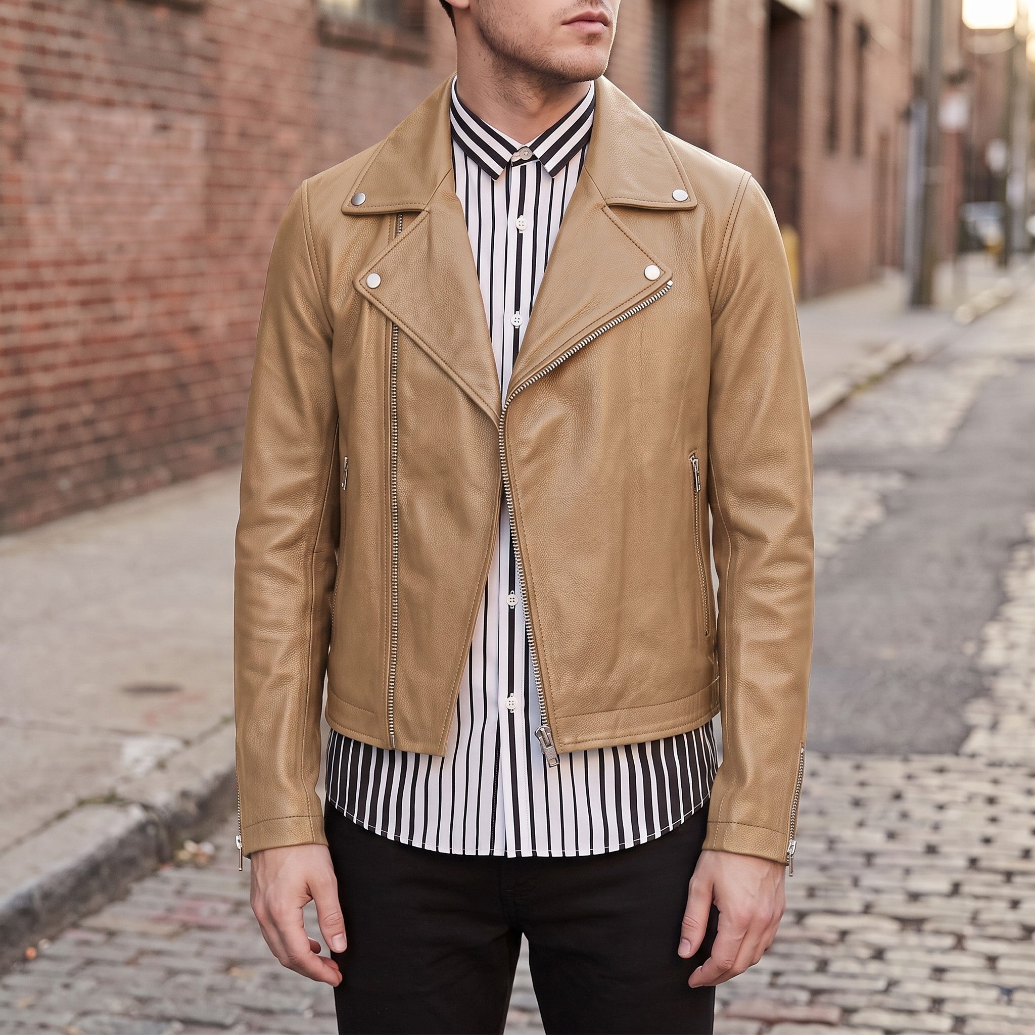 Men's Tan Asymmetric Zip Leather Perfecto Biker Jacket — Forrest